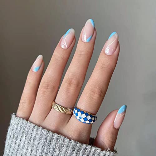 Vatocu Mandel Künstliche Nägel Kurz Rosa Blau Nägel Zum Aufkleben Französische Falsche Nägel Linie Acryl Press on Nails für Frauen und Mädchen (24 Stück) von Vatocu