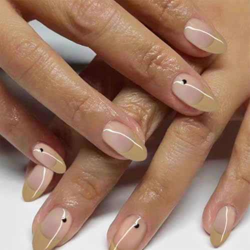 Vatocu Oval Glossy Press on Nails Short Nude False Nails Brown Fake Nails Black Points Acryl Stick on Nails for Women and Girls (24pcs) von Vatocu