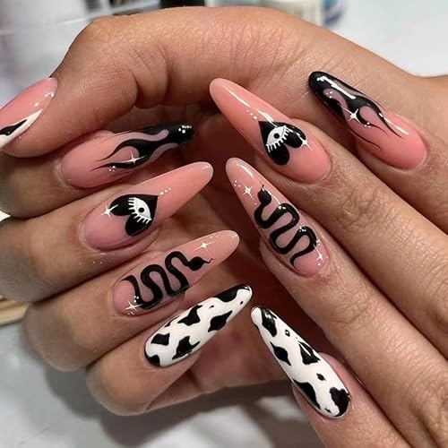 Vatocu Ovale falsche Nägel Kurz Schwarz Rosa Gefälschte Nägel Augen Schlangen Feuer Press on Nails Zebra Print Halloween Acryl Stick on Nails für Frauen und Mädchen (24 Stück) von Vatocu