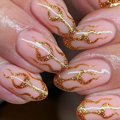 Vatocu Ovale künstliche Nägel kurz nackt zum Aufdrücken der Nägel goldfarben glitzernd Feuer künstliche Nägel französische glänzende Acrylnägel zum Aufkleben für Frauen und Mädchen (24 Stück) von Vatocu