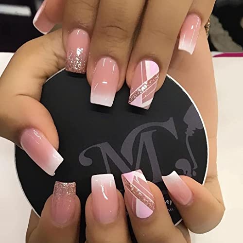 Vatocu Französische Nägel Zum Aufkleben Kurz Rosa Künstliche Nägel Glitzer Linien Falsche Nägel Glänzende Acryl Press on Nails für Frauen und Mädchen (24 Stück) von Vatocu