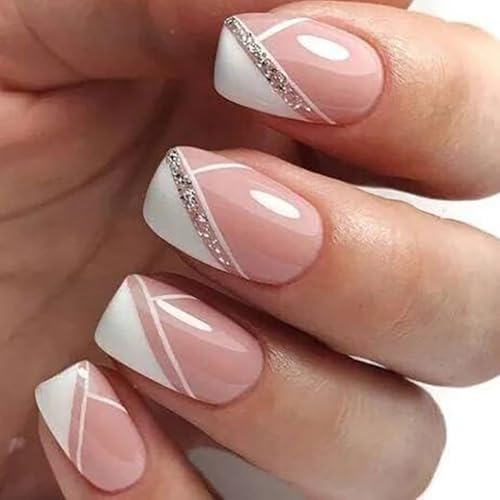 Vatocu Französisch Nägel Zum Aufkleben Kurz Rosa Weiß Künstliche Nägel Linien Glitzer Falsche Nägel Bellarina Acryl Press on Nails für Frauen und Mädchen (24 Stück) von Vatocu