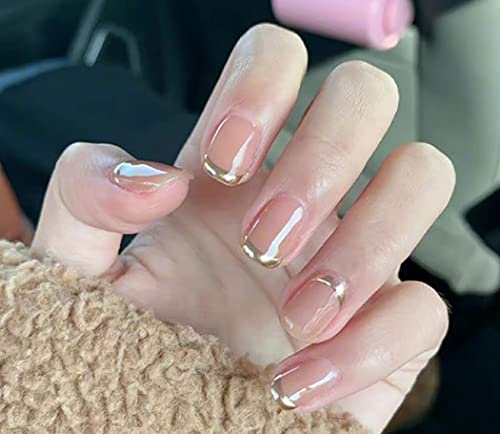 Vatocu Quadratische glänzende künstliche Nägel French Pink Nude Fake Nails Kurze Gold Linien Press on Nails Acryl Stick on Nails für Frauen und Mädchen (24 Stück) von Vatocu