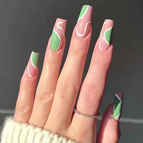 Vatocu Quadratische Künstliche Nägel Kurz Grün Goldfarben Nägel Zum Aufkleben Französische Blätter Falsche Nägel Acryl zum Aufkleben auf Nägel für Frauen und Mädchen (24 Stück)(Grün 10) von Vatocu