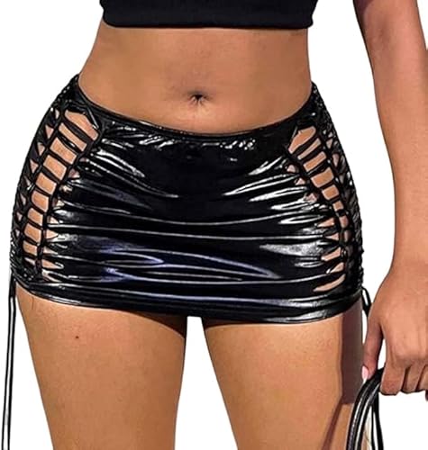 Vatocu Sexy Metallic-Minirock Glitzer,zum Binden,ausgeschnittener Rock,elastisch,gerüscht,Club,Figurbetonter Rock,Party,sexy Kostüm für Damen (as3, Alpha, l, Regular, Regular, Schwarz) von Vatocu