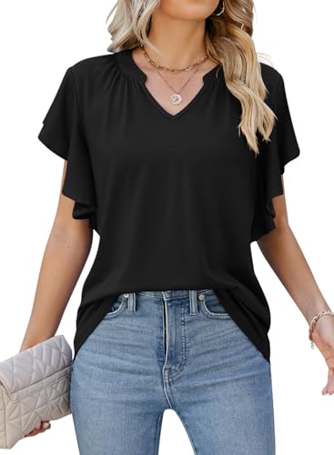 Vcindai Damen Sommer Tshirt Rüschen Kurzarm Oberteile V Ausschnitt Bluse von Vcindai