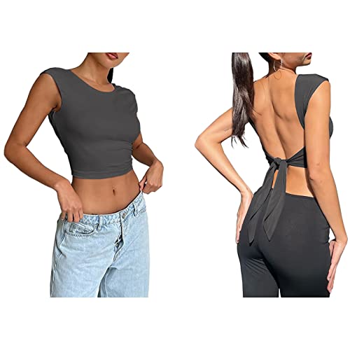 Vcindai Damen Y2K Top Rückenfrei Oberteil Sommer Backless T-Shirt von Vcindai