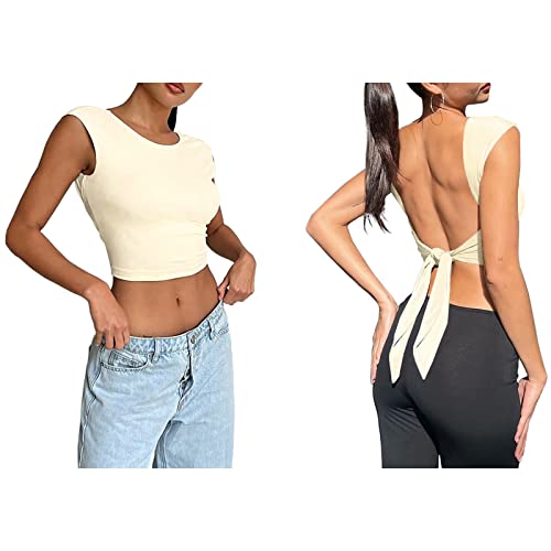 Vcindai Damen Y2K Top Rückenfrei Oberteil Sommer Backless T-Shirt von Vcindai