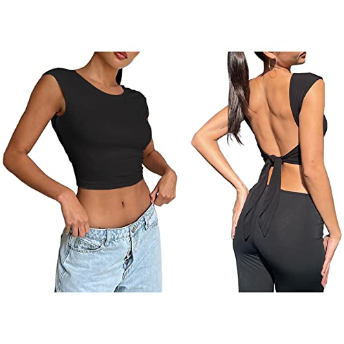 Vcindai Damen Y2K Top Rückenfrei Oberteil Sommer Backless T-Shirt von Vcindai