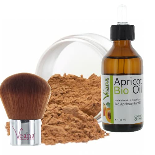 Mineral Make Up 9g + Premium BIO Aprikosenkernöl 100ml DE-Öko zertifiziert + Kabuki 20 Farbnuancen - für normale/trockene Haut - Nuance Tan von Veana