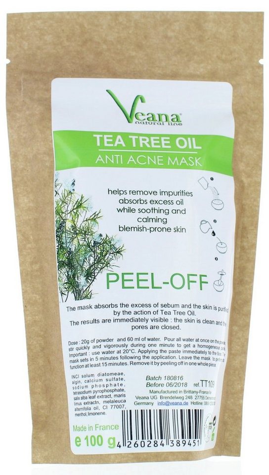 Veana Gesichtsmaske Anti Akne Teebaum Peel Off - Maske (100g), 100 g - 5 Anwendungen in wiederverschliessbarem Standbeutel. von Veana