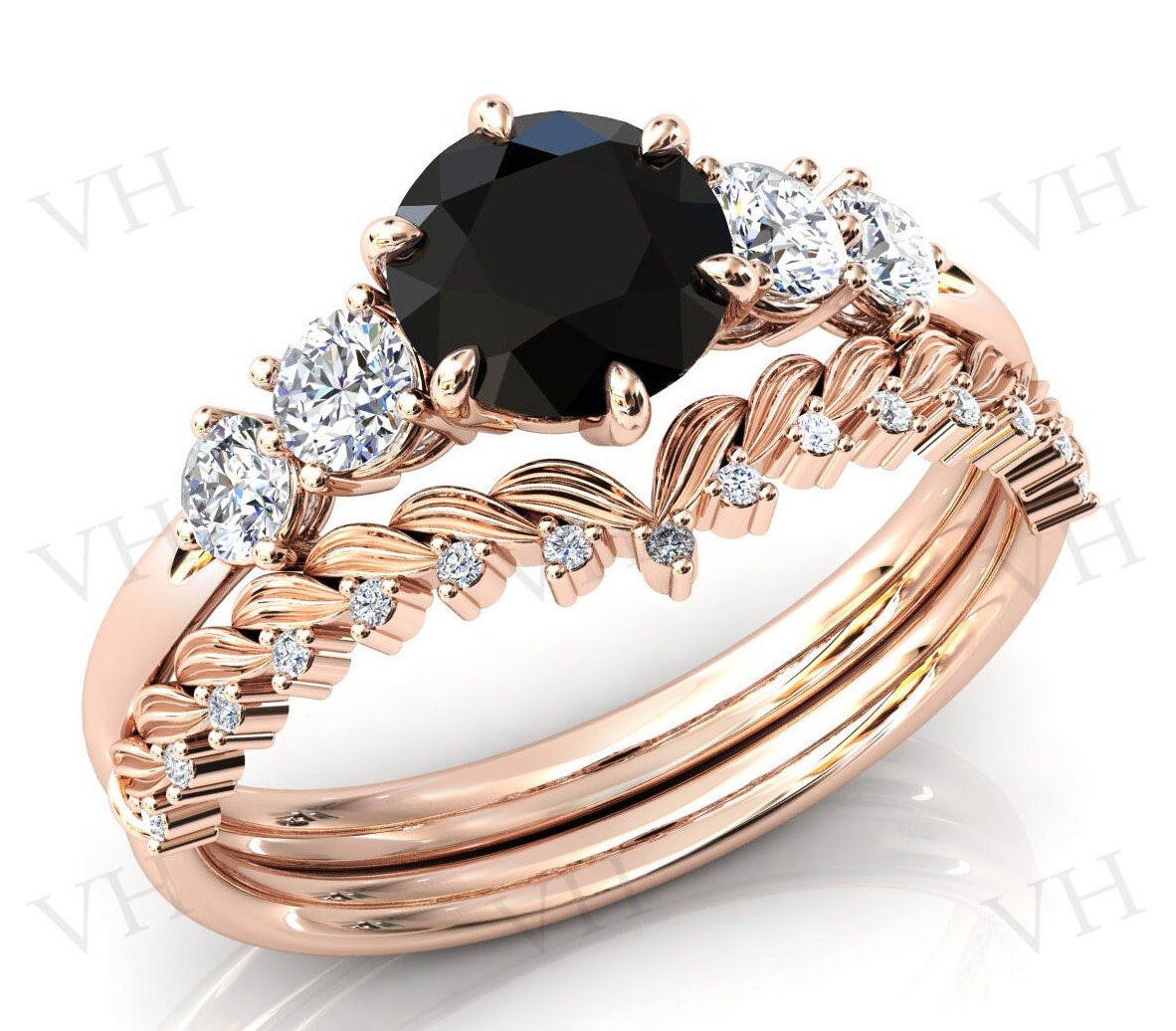 Vintage Schwarzer Onyx Verlobungsring Set Für Frauen Art Deco Ehering 14K Rose Gold Schwarz Brautringe Jahrestag von VectorHarbour