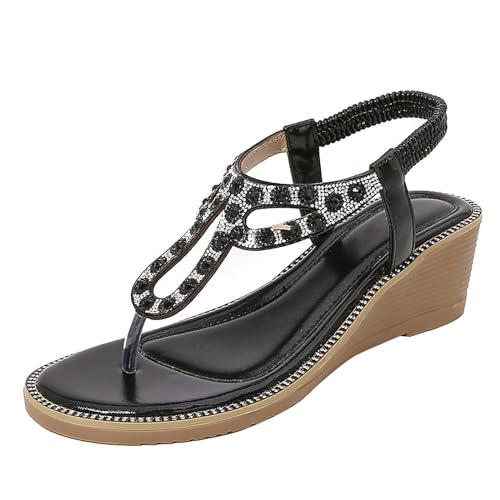 Vectry Damen-Römersandalen mit Strasssteinen, Sommer-Ethno-Stil, offener Zehenbereich, dicker Boden, Slope-Absatz, Damenschuhe Damenschuhe Sommerschuhe Slipper (Black, 41) von Vectry