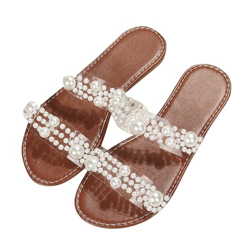 Vectry Damen Sandalen transparente Gurt Pearl Dekoration lässige klassische flache Schuhe Seaside Sommerruhrschuhe lässig schöne Mädchen Sandalen Sandalen (Brown, 36) von Vectry