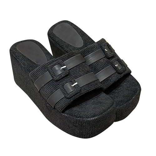 Vectry Damen Sommer-Hausschuhe mit quadratischem, dicker Sohle, Freizeit-Resort-Strandhausschuhen und erhöhten Sandalen Damen Schuhe 36 (Black, 39) von Vectry