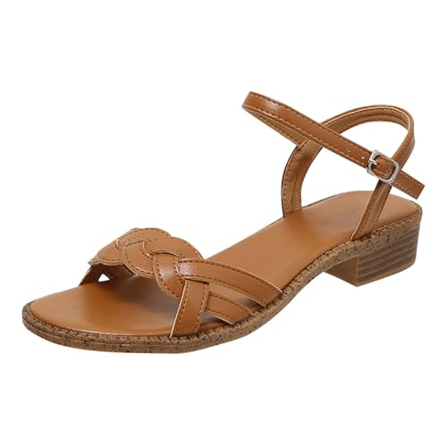 Vectry Damen-Sommer-Retro-Römersandalen, weich, flach, niedriger Absatz, sexy, offener Zehenbereich, geflochtene Strandsandalen, 34–43, Boho-Stil, süße Mädchen-Sandalen (Brown, 35) von Vectry