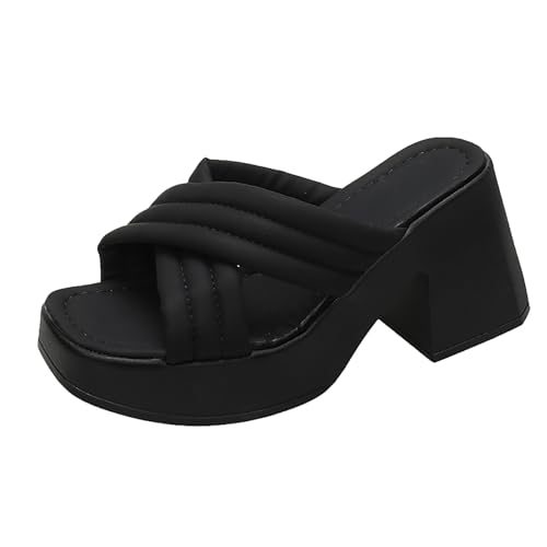 Vectry Damen-Sommer-Slipper mit dickem Absatz, quadratische Spitze, offene Spitze, hohl, atmungsaktiv, modisch, klassisch, lässig, Schwarze High Heels, täglich, Dicke Sohle, rutschfest (Black, 37) von Vectry