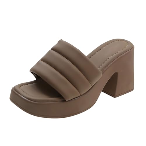 Vectry Damen-Sommersandalen, schwarze High Heels, klassische, lässige Mode-Hausschuhe, offene Zehen, quadratische Zehen, dicke Sohle, modische Hausschuhe (Khaki, 36) von Vectry