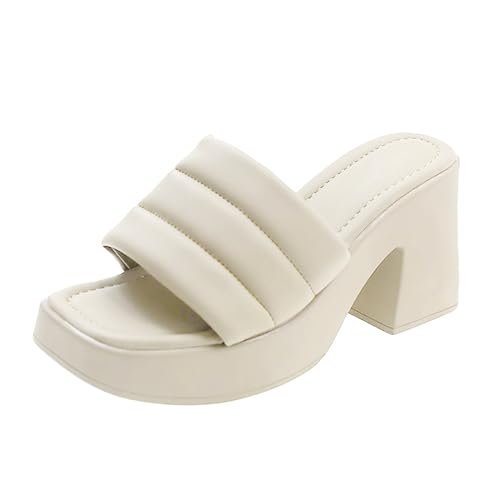 Vectry Damen-Sommersandalen, schwarze High Heels, klassische, lässige Mode-Hausschuhe, offene Zehen, quadratische Zehen, dicke Sohle, modische Hausschuhe (White, 35) von Vectry