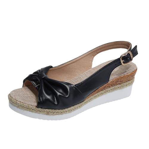 Vectry Damen Sommersandalen römisch Stil Bow -Side Bow von Bögen dekorieren Baumwolle, wäsche dicke Bodenhänge und Mode Freizeit klassische tägliche Fischmundschuhe (Black, 42) von Vectry