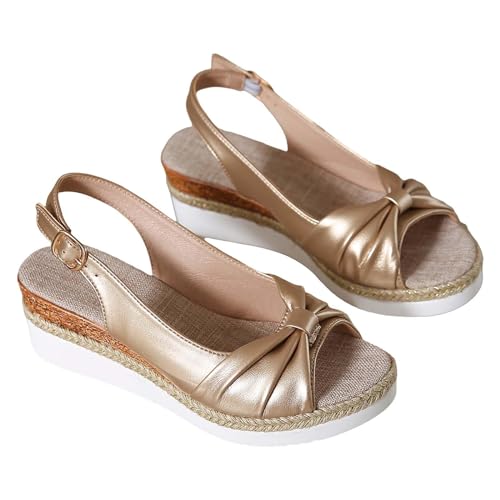 Vectry Damen Sommersandalen römisch Stil Bow -Side Bow von Bögen dekorieren Baumwolle, wäsche dicke Bodenhänge und Mode Freizeit klassische tägliche Fischmundschuhe (Gold, 37) von Vectry