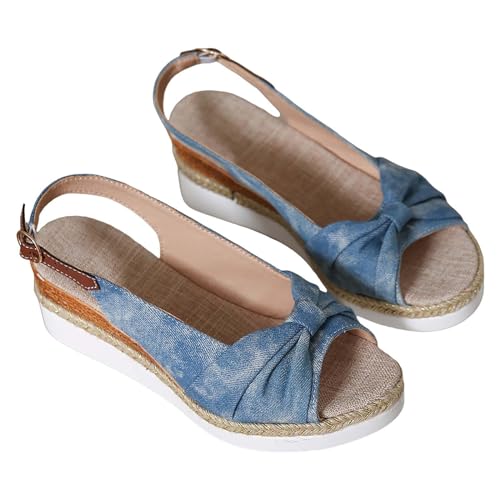 Vectry Damen Sommersandalen römisch Stil Bow -Side Bow von Bögen dekorieren Baumwolle, wäsche dicke Bodenhänge und Mode Freizeit klassische tägliche Fischmundschuhe (Sky Blue, 37) von Vectry