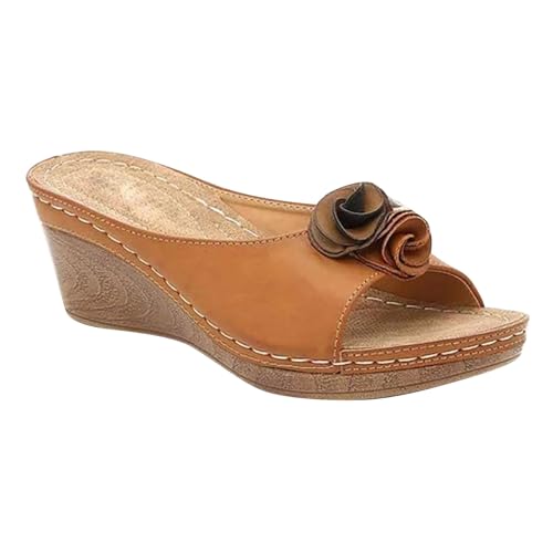 Vectry Damen lässige Sandalen böhmische Wind Blumendekoration hohe Pantoffeln Dicker Sohle Schuh Khaki, stilvoller atmungsaktiv und komfortabel (Brown, 36) von Vectry