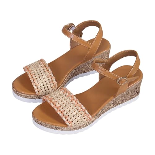 Vectry Frauen Casual Seite Hohl Gürtel Schnalle Slope Bottom Römische Schuhe Sommer Sandalen Silberne Schuhe Damen Kleiner Absatz (Khaki, 36) von Vectry