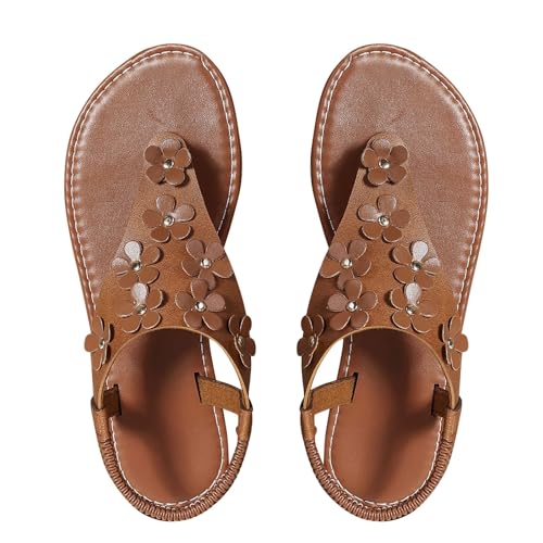 Vectry Sommer-Sandalen für Damen mit flachem Boden und großem Pinch-Toe-Blumen-Fischgrätenmuster Damen Damen Schuhe (Brown, 37) von Vectry