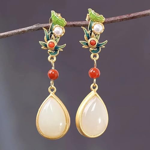 Ethnische Ohrringe, natürliche Hetian-Jade-Emaille-Porzellan-Ohrringe, chinesischer Retro-Gerichtsstil, einzigartiger alter Goldschmuck for Damen (Gem Color: Style 13) (Size : Style 9) von VekkEr