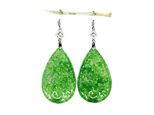 Ethnische Ohrringe, natürliche hohle handgeschnitzte grüne Jade-Ohrringe mit 925er-Sterlingsilber, 925er-Ohrringe, Schmuck, Ohrringe for Frauen von VekkEr
