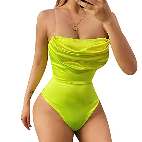 Velius Damen Sexy Rüschen Glänzend Tanga Bodysuit Abnehmbare Träger Tube Tops - Grün - Medium von Velius