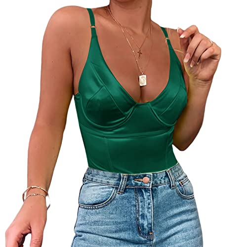 Velius Damen Sexy Tiefer V-Ausschnitt Glänzender Tanga Bodysuit Tank Tops mit Bügel, Grün , XL von Velius