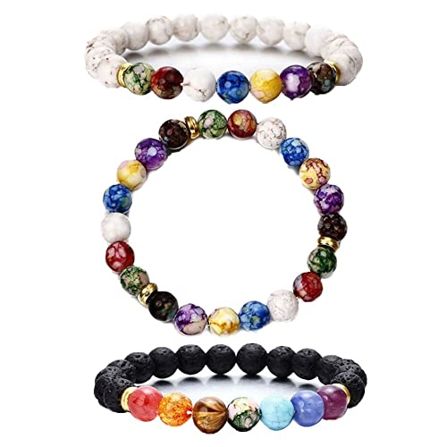 Vepoty Lava Rock Armbänder 3 Stück Naturstein Yoga Perlen Armband Buntes Vulkanstein Armband für Männer Frauen von Vepoty