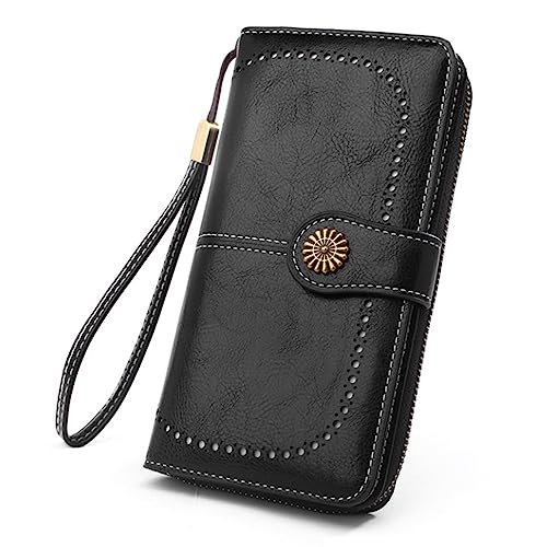 Damen Handtasche Damen Münzbörse Schwarz Ölwachs PU Leder Lange Reißverschluss Clutch Handtasche Karte Tasche Ordner, mehrfarbig, 60_x_180_cm, Beauty-Etui von Verdant Touch