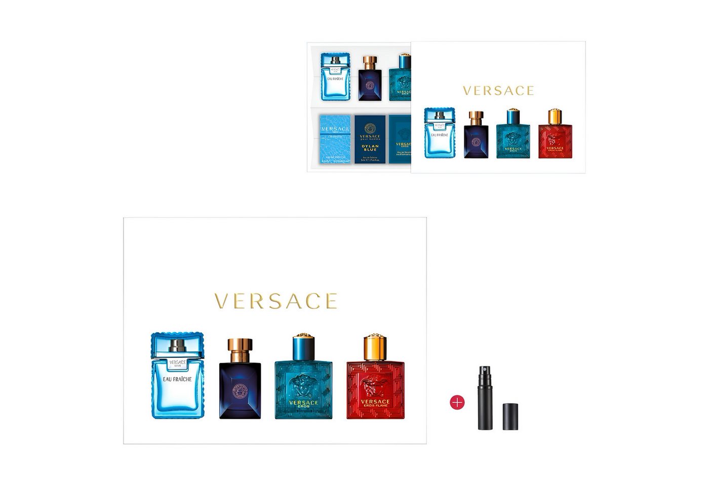 Versace Duft-Set Eau de Parfüm Versace Eau Fraiche, Dylan Blue, Eros und Eros Flame Man, 4-tlg., Geschenkbox, Parfümzerstäuber Nachfüllbar GRATIS von Versace