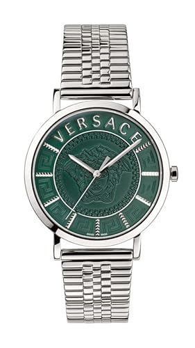 Versace J4 V-Essential Herren-Armbanduhr mit 3 Zeigern, Quarz, grünes Zifferblatt, Saphir, Antireflexglas, 40 mm, VEJ400921, Edelstahl, Zeitgenössisch von Versace