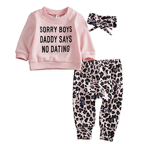 Baby Mädchen Outfits Set 3 Stück Langarm Brief Bluse T-Shirt Sweatshirt Leopard Lange Hose Stirnband Baumwolle Kleidung Set für 0-2 Jahre von Verve Jelly