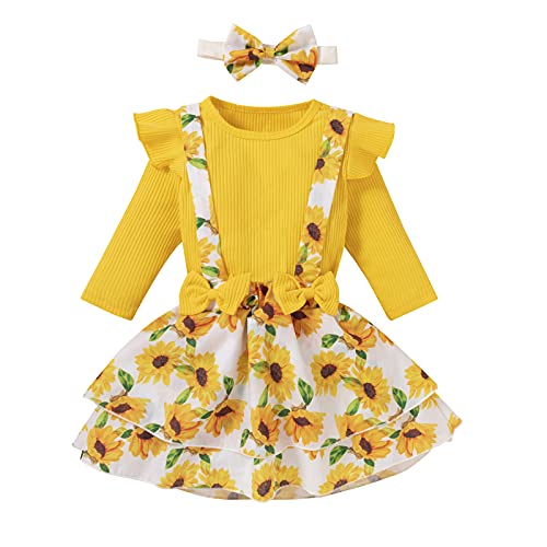 Kleines Baby Mädchen T-Shirt Sonnenblume Träger Kleid Outfits 3er Set Kleinkind Mädchen Langarm Geripptes T-Shirt Top Overalls Blumenrock Kleidung Gelb 100 2-3 Jahre von Verve Jelly