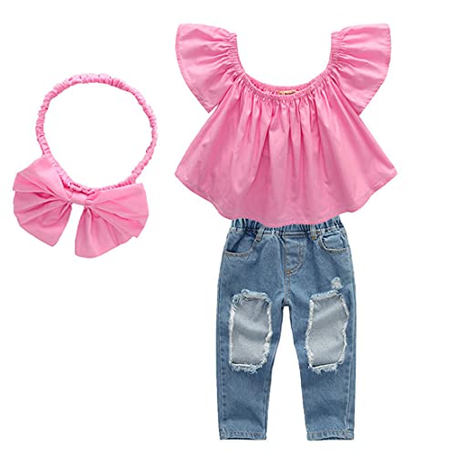 Kleines Kleinkind Baby Mädchen Schulterfrei Kurzarm T-Shirt Crop Tops Zerrissene Jeans Löcher Denim Hosen Sommerkleidung von Verve Jelly