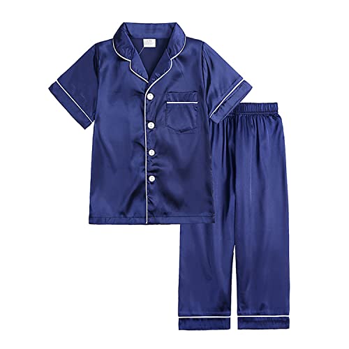 Verve Jelly 2-teiliges Satin-Pyjama-Set für Kinder Button-Down-Nachtwäsche Loungewear PJS kurzärmelige Oberteile + Hosen 160 Stil A Blau 12–13 Jahre von Verve Jelly