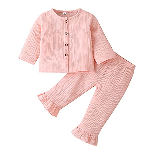 Verve Jelly Baby Mädchen Baumwolle Leinen Langarm T-Shirt Button Tops + Rüschen Lange Hosen Outfit 2 Stück Herbst Kleidung Set Playwear Rosa 110 12-18 Monate von Verve Jelly