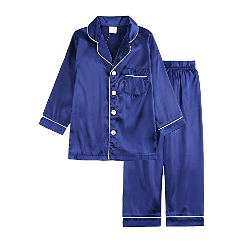 Verve Jelly Baby Mädchen Jungen Satin Seide Pyjama Set Niedlich Einfarbig Oberteile Button-Down Hemd Lange Hosen Loungewear Blau 110 3-4 Jahre von Verve Jelly