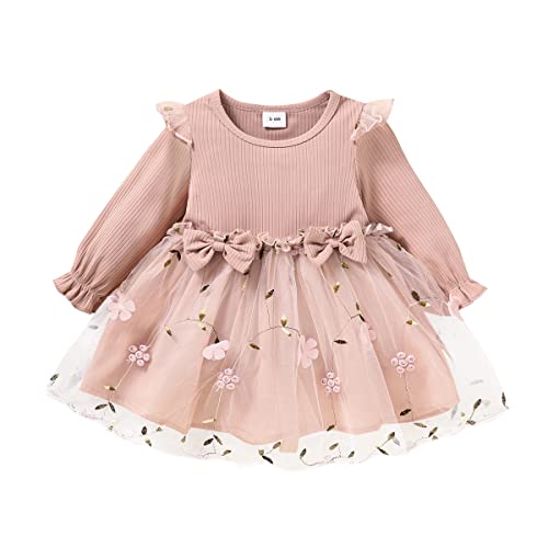 Verve Jelly Kinder Baby Mädchen Blumenkleid Schleife Spleißen Rüschen Langarm Strickkleider Niedlich Kleinkind Herbst Winter Kleid Kleidung Outfit Rosa 9-12 Monate von Verve Jelly