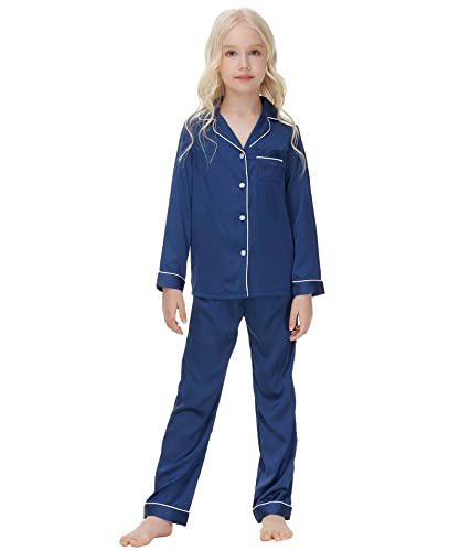 Verve Jelly Kinder Kleinkind Baby Mädchen Junge zweiteiliger Schlafanzug Set Satin Button Down Shirt Langarm Top mit langer Hose Herbst Nachtwäsche Nachthemd Marineblau 140 9 10 Jahre von Verve Jelly