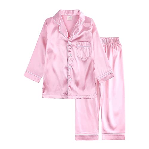 Verve Jelly Kinder Kleinkind Baby Mädchen Jungen Satin Pyjama Set Langarm Button-Down Pyjama Hemd Top + Hose Unterteil Nachtwäsche Outfits Rosa 150 10-11 Jahre von Verve Jelly