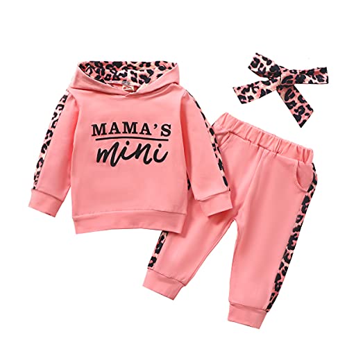 Verve Jelly Kleinkind Baby Jungen Mädchen Hoodie Outfits Brief Print Sweatshirt Tops Leopard Jogger Panst mit Kopfbedeckung 3-teiliges Herbst Winter Kleidungsset, rose, 6-12 Monate von Verve Jelly