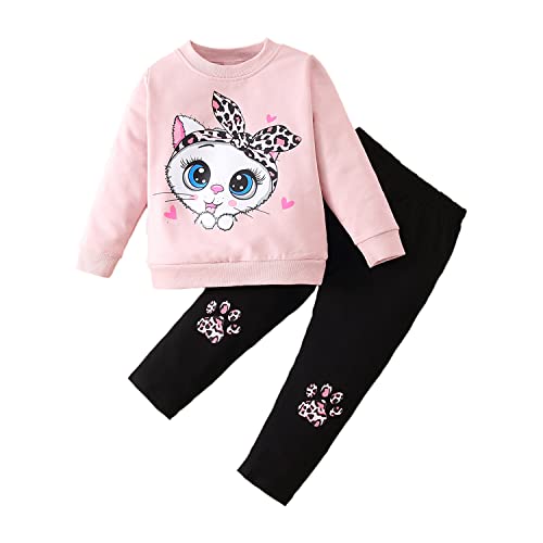 Verve Jelly Kleinkind Baby Mädchen Kleidung Langarm Sweatshirt T-Shirts Top + Katze Druck Hosen 2 Stücke Herbst Winter Frühling Outfits Set Rosa 90 18-24 Monate von Verve Jelly