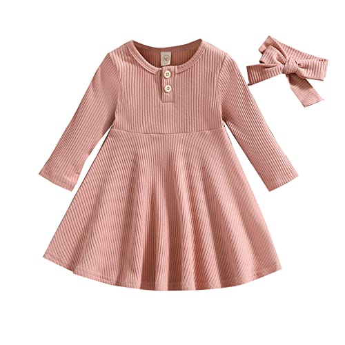 Verve Jelly Kleinkind Baby Mädchen Strickpullover Kleid Kleinkind Langarm Rippstrick A-Linie Kleid Tutu Rock Herbst Winter Kleidung Einteiliges Outfit mit Stirnband Rosa 90 12-18 Monate von Verve Jelly