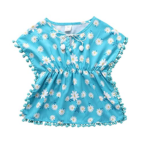 Verve Jelly Mädchen Badeanzug Floral Cover Ups Badeanzug Strandkleid Baby Mädchen Bademode Wraps mit Pompon Quaste Sarong Wickelrock Blau 120 5-6 Jahre von Verve Jelly